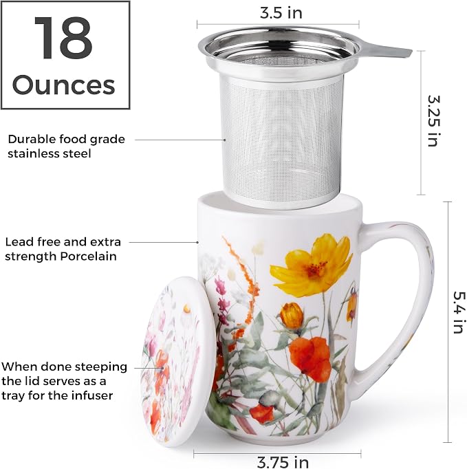 AmorArc Tea Cup With Infuser and Lid, 18oz Loose Leaf Tea Mug With Steeper | Porcelain Tea Mug With Infuser and Lid, Large Strainer Tea Cup with Lid for Tea, Coffee Mug for House-warming Birthday Gift