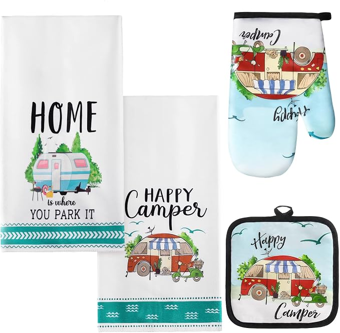 CHENGU 4 Pcs Camping Dish Towel Pot Holder Oven Mitt Gifts Camping Must Have Accessories Essentials Making Memories One Campsite at a Time RV Kitchen Towel Absorbent Soft Hand Dishcloth