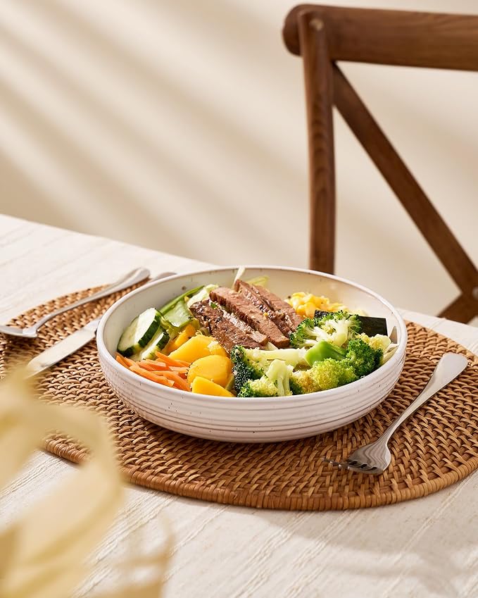 famiware Milkyway 33 oz Pasta Bowls Set of 8, White with Speckles | Double Reactive Glaze, Scratch-Resistant Stoneware Salad Bowls, Stackable, Dishwasher & Microwave Safe, Lead-Free