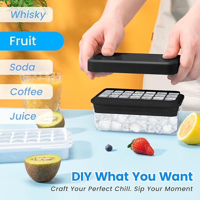 Ice Cube Tray with Lid and Bin, Easy Release 56 Cubes for Freezer | Food-grade BPA-free PP and ABS. Ice cubes for fruit, cocktails, iced coffee. Space-saving stackable with scoop