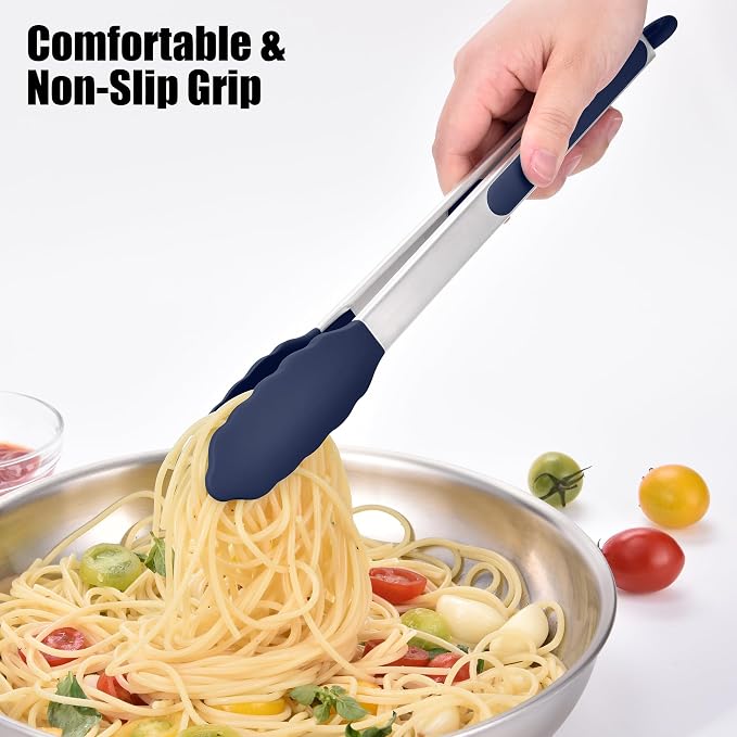 Doosu Kitchen Tongs with Silicone Tips for Cooking Serving (3Pcs, Navy) | 600°F Heat Resistant Food Tong, Heavy Duty Stainless Steel Locking Tong for BBQ, Grilling Steak, Salad, Toast, Pasta