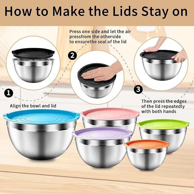 Mixing Bowls with Airtight Lids Set, 5 PCS Stainless Steel Colorful | Nesting Storage Bowls for Kitchen, Large Prep Metal Bowl, 5.5/4/3.5/2/1.5 QT for Mixing, Serving & Backing, Dishwasher Safe