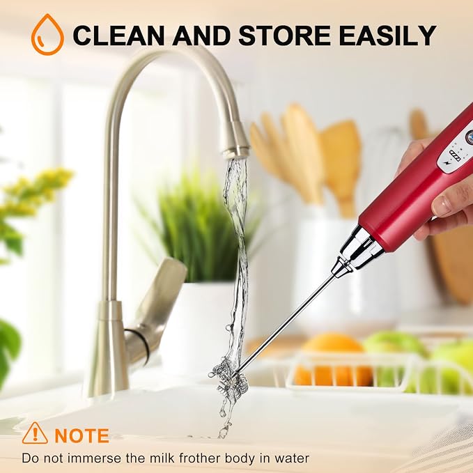 YUSWKO Handheld Milk Frother Wand for Coffee, Rechargeable Electric Whisk with 3 Heads 3 Speeds Drink Mixer Coffee Frother For Latte, Cappuccino, Hot Chocolate, Egg, Red with Holder