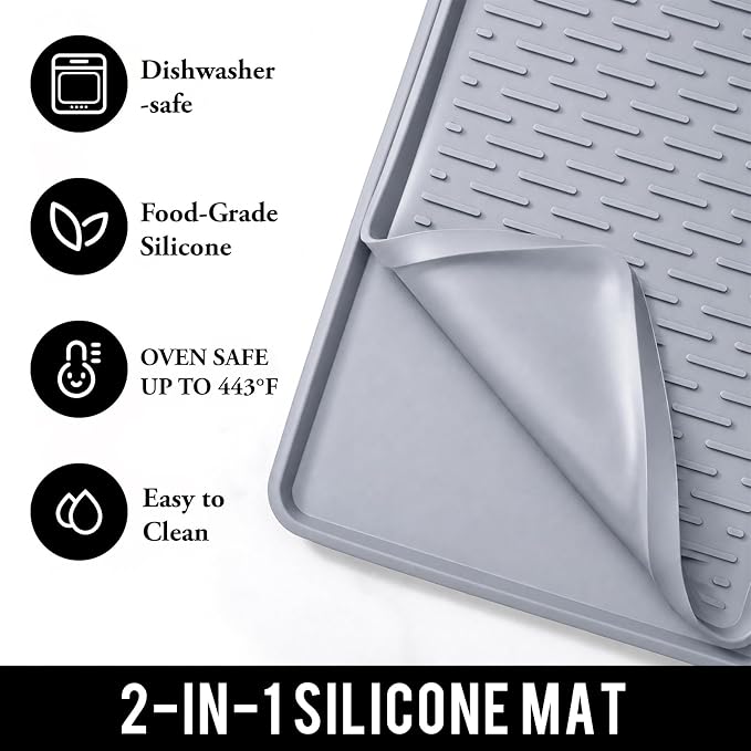 Caketime 2 In 1 Silicone Coffee Bar Mat Accessories for Keurig Coffee Maker with Detachable Dish Drying Rug Kitchen Counter Under Sink Drainer Necessities Home Decor 16"x24" Extra Large Light Gray