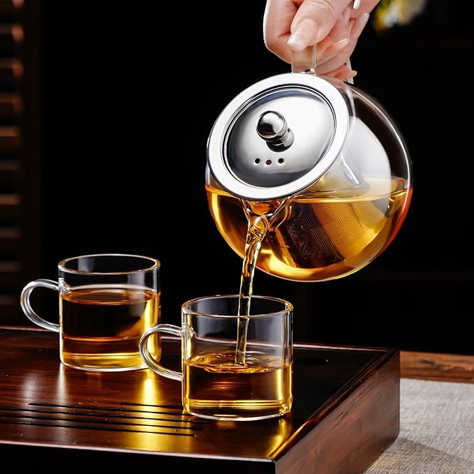 PARACITY Glass Teapot for Stovetop, 50 oz Clear Tea Kettle with Infuser | Removable 18/8 stainless steel strainer brews loose leaf, herbal and blooming teas; borosilicate body suits microwave use