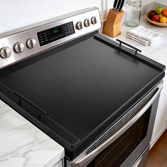 Noodle Board Stove Cover with Handles, Wood Stove Top Covers for Electric Stove and Gas Burners, Wooden Decorative Serving Tray Kitchen Sink Cover for Counter Space (Black)