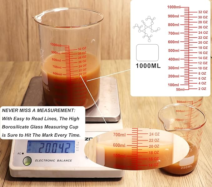 High Borosilicate Glass Measuring Cup-V-Shaped Spout,1000ml(32OZ) Glass Measuring Beaker for Kitchen or Restaurant, Easy to Read