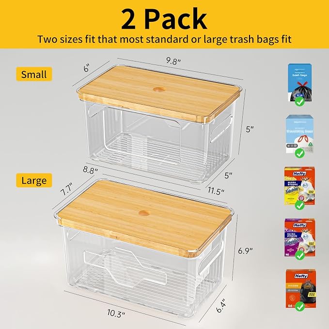 2 Pack Trash Bag Holder with Bamboo Lid, Stackable Garbage Bag Dispenser Under Sink, Storage Organizer for Kitchen, Laundry, Pantry