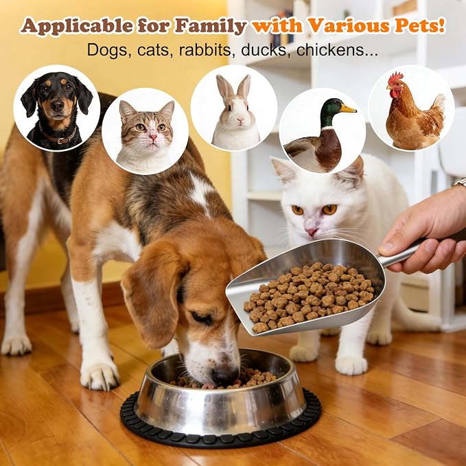 Dog Food Scoop Stainless Steel with Long Handle, Precise Measuring Cups | 1.5, 1 1/4, 1, 3/4, 1/2 Cup, Pet Scoop for Cats, Rabbits, Animals, Metal Spoon for Dog Food Storage (2CUP)