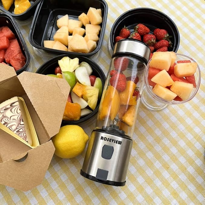 Portable Smoothie Blender ROSEVIEW Glass Cordless Mini Shakes Cup blend for smoothies USB rechargeable juicer 2 battery Handheld Personal travel Jet mixer (Black Steel) (BLKSteel)
