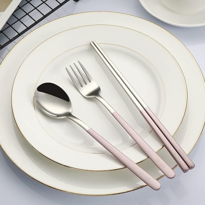 DEVICO Travel Utensils with Case, 4 Piece Portable Silverware Set for Work | 18/8 Stainless Steel Reusable Travel Cutlery Set, Korean Chopsticks Fork and Spoon Set for Lunch Box/Camping/Picnic/Dorm,Pink