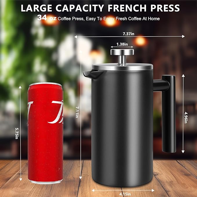 34 OZ Large French Press, Premium Stainless Steel French Press Coffee Maker | Sturdy Insulated French Coffee Press 4 - 8 Cups, Tea Presses for Home Kitchen Camping Travel Loose Tea, Elegant Black