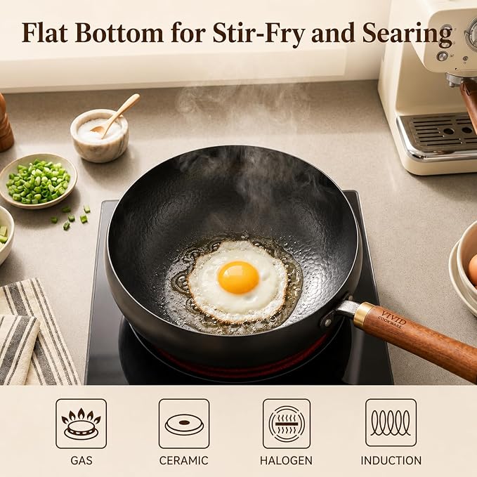 9.4 Inch Carbon Steel Wok with Glass Lid, Big Belly Flat Bottom Stir Fry Pan, Coating-Free Compact Wok Pan for Gas, Electric, Ceramic & Induction, 3.4 QT for 1–3 Servings