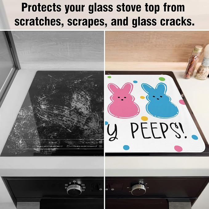 Happy Easter Glass Stove Top Covers for Electric Stove,Hello My Peeps Rabbit Bunny Chick Polka Dots Heat Resistant Cooktop Protector Non-Slip Washable Dish Drying Mat Rug Pad for Kitchen Decor 28"x20"