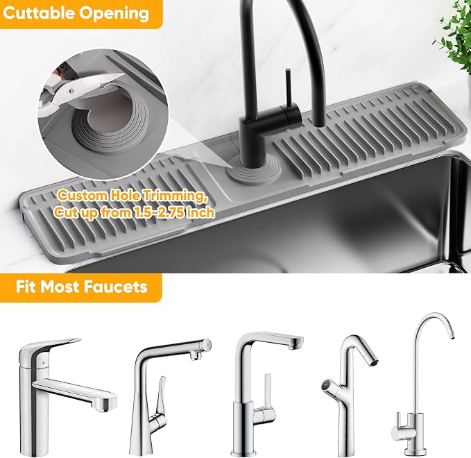 24'' Longer Faucet Mat for Kitchen Sink Splash Guard[7° Slope Fast Self-draining][Snap Lock Fit]Kitchen Sink Faucet Mat Splash Guard Kitchen Sink Area Water Splash Guard Behind Faucet Draining Mat