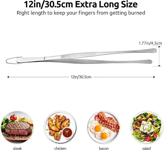 U-Taste Kitchen Cooking Tweezer, 18/8 Stainless Steel Tong, 12in/Round Tip | Food-Grade Metal Food Tong with Non-Slip Tips, Professional Chef Tweezers for Plating Serving Grilling Frying Cooking Baking