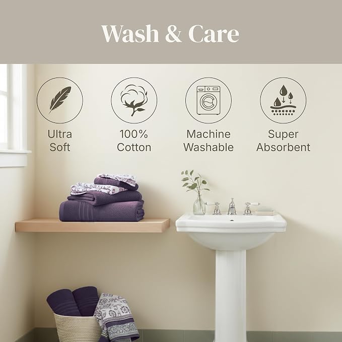 Modern Threads 6 Piece Bath Towel Set – Bathroom Set with 2 Bath Towels, 2 Hand Towels, and 2 Wash Cloths – 100% Cotton, Super Absorbent & Extra Soft – Reversible Floral Trail (Purple)