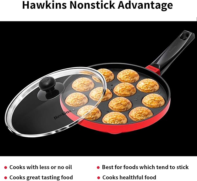 Hawkins Nonstick Appe Pan with Glass Lid, 12 Cups, Diameter 20 cm, Black, Cast Aluminium, Red