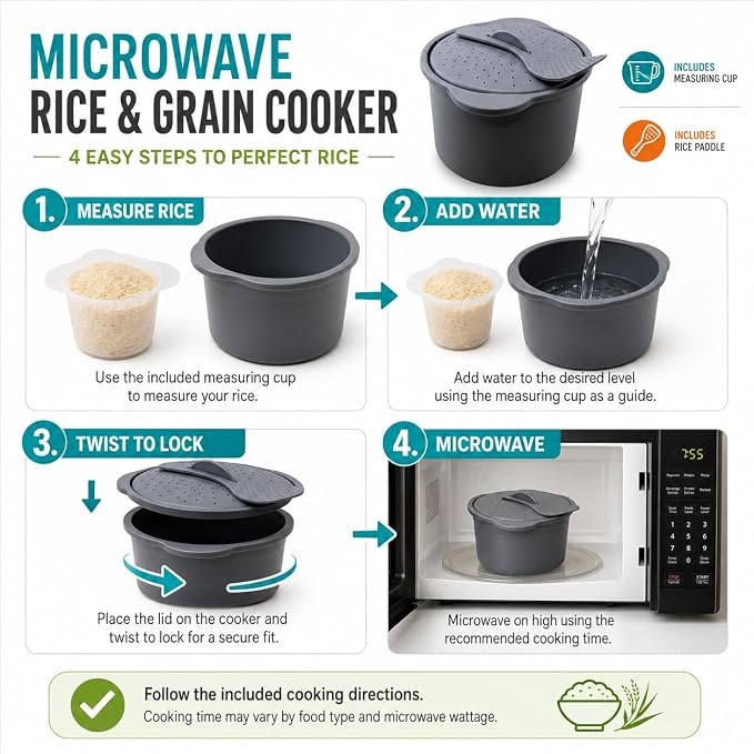 Microwave Rice Cooker and Grain Steamer 2.3L with Paddle and Measuring Cup | 2.3L microwave cooker for rice, grains and vegetables with locking vented lid, paddle and measuring cup