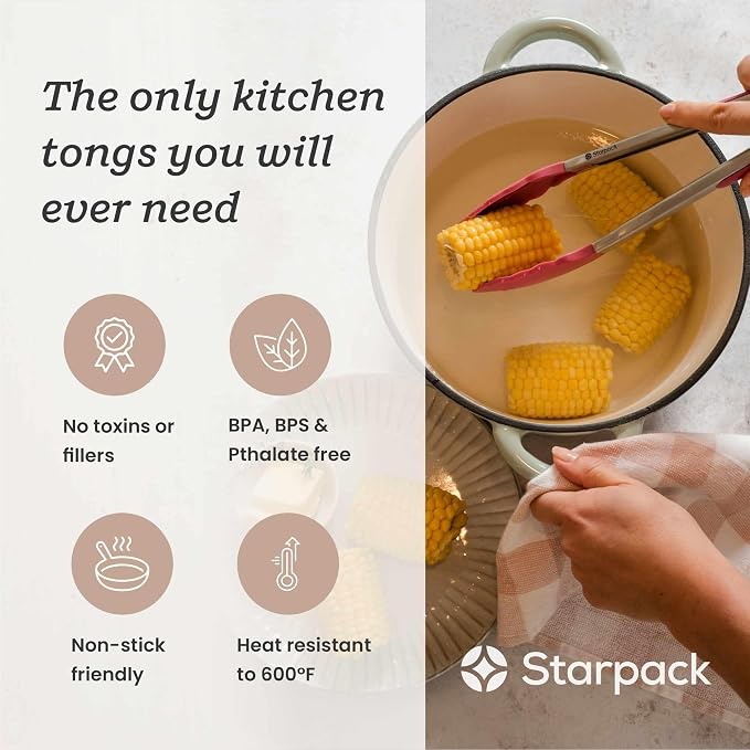 Starpack Get a Grip Silicone Kitchen Tongs (12 Inch) - LFGB Non Toxic, 600°F Heat Resistant, BPA-Free - Heavy-Duty Stainless Steel, Locking - Dishwasher Safe for Nonstick Cookware Earthy Pink