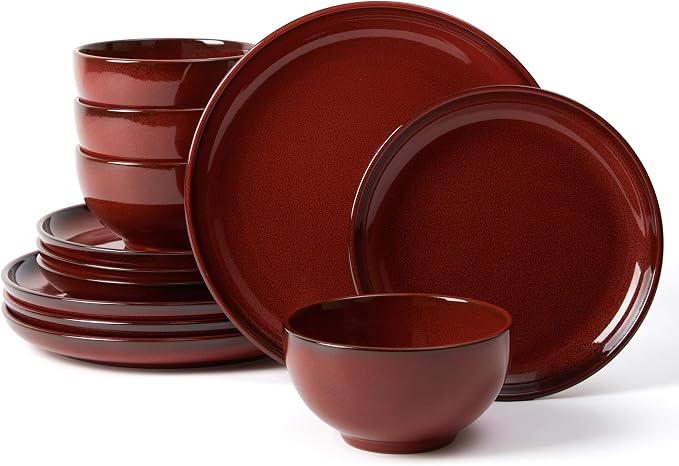Santorini Mist Terracotta Reactive Glaze Plates and Bowls Sets, Stoneware Dinnerware Sets, Microwave and Dishwasher Safe Ceramic Dish Set Service for 4, Terracotta Red
