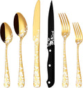 Stapava 24 Pcs Gold Silverware Set with Steak Knives, Stainless Steel Gold Silverware Flatware Cutlery Set for 4, Include Forks, Spoons and Knives set, Mirror Polished, Dishwasher Safe