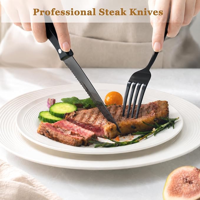 Astercook Silverware Set 48-Piece Black Flatware Set with Steak Knives Food-Grade Stainless Steel Cutlery Set for 8 Mirror Polished Utensils Set Include Spoons and Forks for Home Kitchen Restaurant