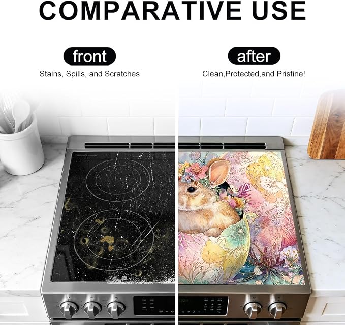 Stove Top Cover for Electric Stove 28.4 x 20.5 Inch Non Slip Stove Mat Oil Proof Easter Bunny Floral Glass Cooktop Protector Kitchen Mat