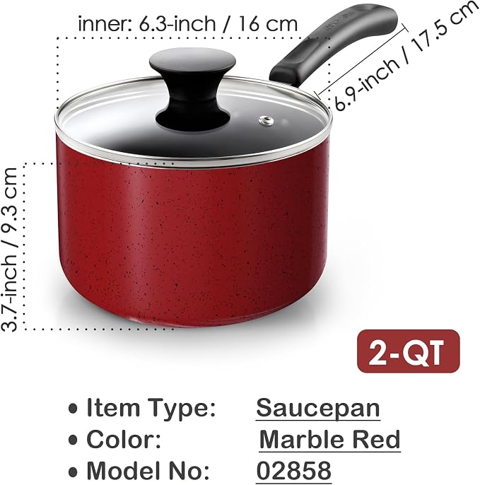 Cook N Home Basic 2 Quart Nonstick Saucepan with Glass Lid, Small Non Stick Aluminum Sauce Pan, Multi-Purpose Milk Chocolate Cooking Pot with Stay-Cool Handle, Marble Red | Small Non Stick Aluminum Sauce Pan, Multi-Purpose Milk Chocolate Cooking Pot wi...