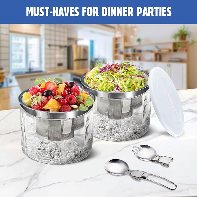 LIMOEASY Small Chilled Serving Bowl 2 Pack, 25oz Ice Chilled Dip Bowl with Lid for Parties, Cold Serving Dish for Hummus, Salsa, Guacamole, Sauces, Pasta