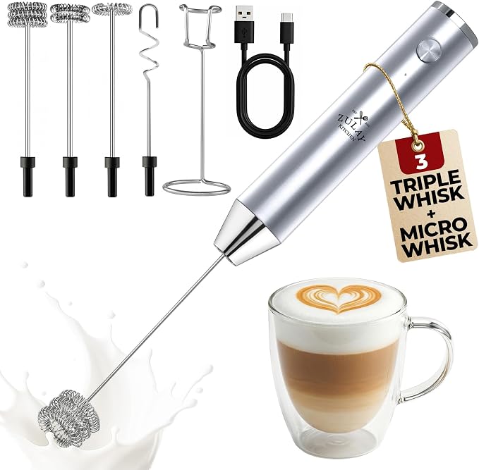 Zulay Kitchen Rechargeable Milk Frother Handheld - Frother Wand, Drink Mixer, Electric Whisk Frother, for Cappuccinos, Matcha & Protein Powder - Lux 4 Whisk 2 Speed Waterproof 2000mAh Silver