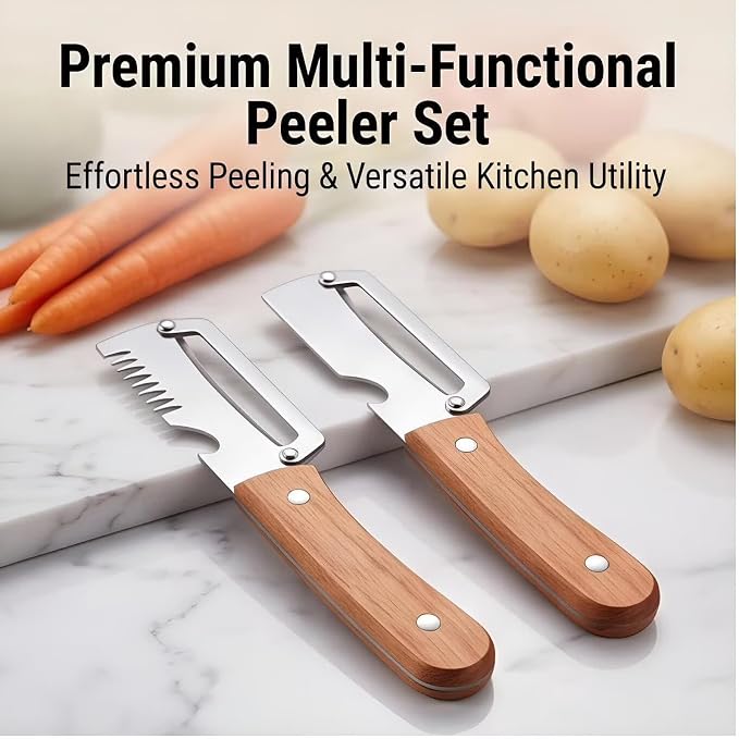 2026 Upgrade 2-in-1 & 3-in-1 Vegetable Peeler Set with Wooden Handle, Built-in Scallion Shredder & Bottle Opener, Multi-Functional Fruit & Veggie Peeler for Home Cooking
