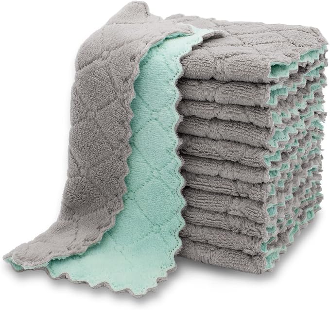 kimteny 12 Pack Dish Cloths for Washing Dishes | Super Absorbent Microfiber Kitchen Dish Rags, Fast Drying Coral Velvet Dish Cloths for Kitchen Counter and Dishes, Green-Grey