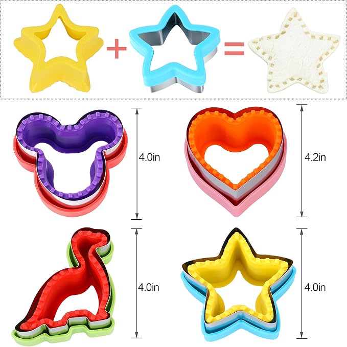 Elfkitwang Sandwich Cutter and Sealer Set,4 Pcs Bread Sandwich Decruster Pancake Maker DIY Cookie Cutters for Kids Bento,Heart Dinosaur Star Mouse Shapes Mold.
