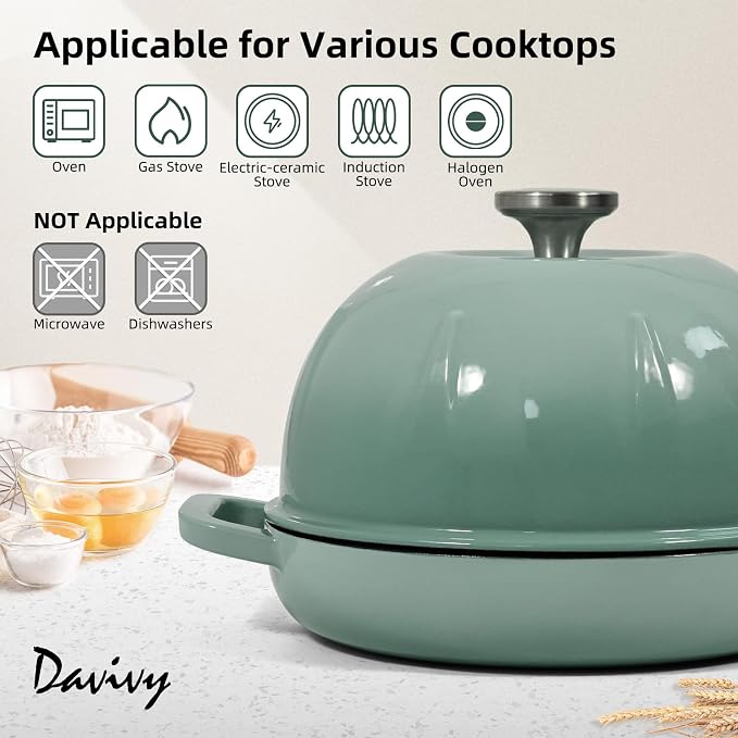 Davivy 5QT Enameled Cast Iron Dutch Oven Pot, Round Sourdough Dutch Oven, Bread Cloche for Sourdough Bread Pan with Domed Lid - Light Green