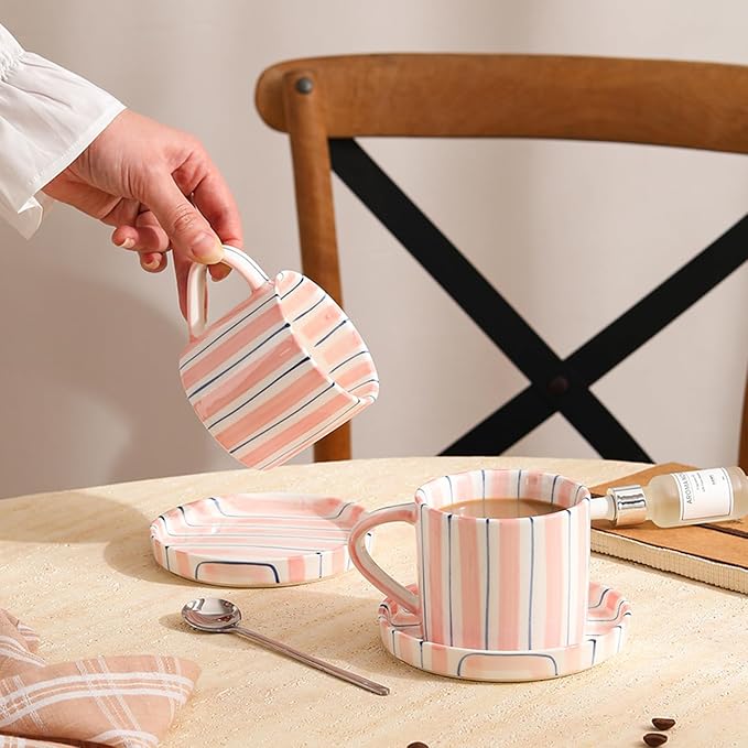 Hand-Painted Ceramic Coffee Mug and Saucer Set, 8 oz Artisan Striped Porcelain Espresso Cup, Decorative Tea Cup with Large Handle for Home, Office,Pink