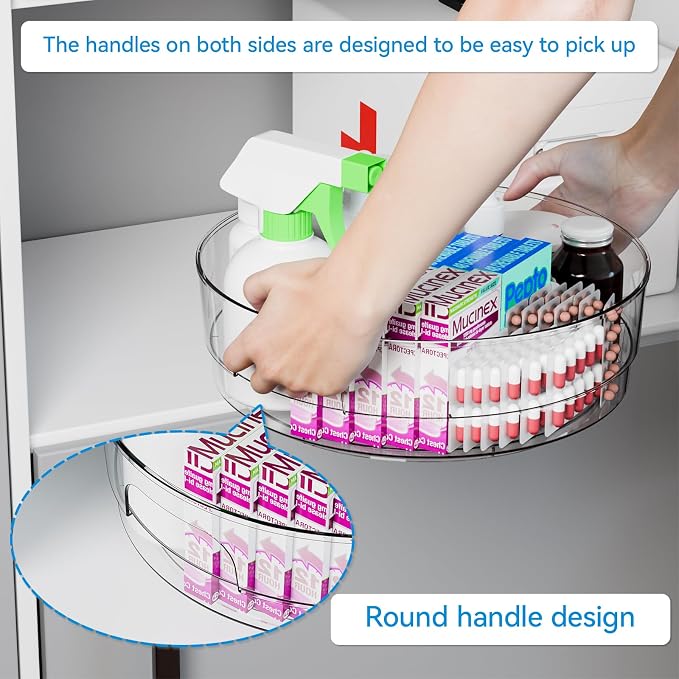4 Pack 12" W Clear Acrylic Lazy Susan Turntable for Cabinet,Refrigerator,Pantry and Kitchen - with Handle - Large Fridge Sauce Condiment Turn Table Organizer,Spinning Round Spice Rack Carousel