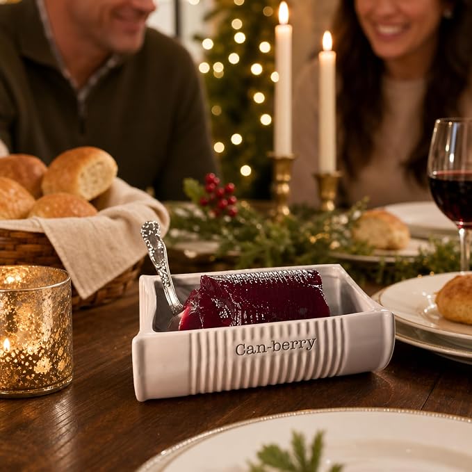 Mud Pie Can-Berry Ceramic Cranberry Serving Dish, Includes Spatula | Holds 1 Can Cranberries, Holiday, Thanksgiving, and Christmas Novelty Serveware, White, Cranberry Dish Server