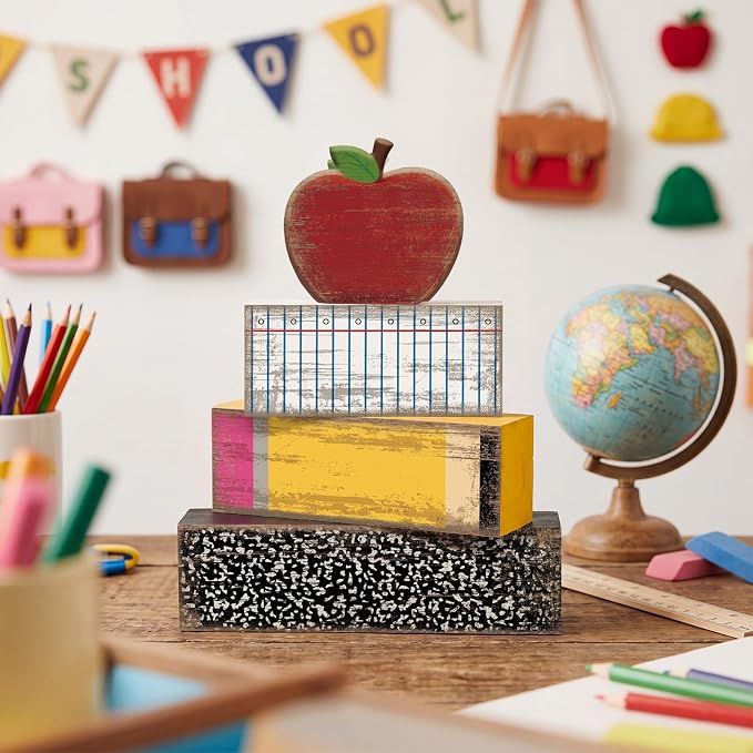 Lineshading 4 Pcs Back To School Table Decorations Wooden Apple Block Signs | Rustic Farmhouse Signs with Pencil Shape, Fake Apples Decor, Tiered Tray Display, Teacher Gifts, Classroom Decorations