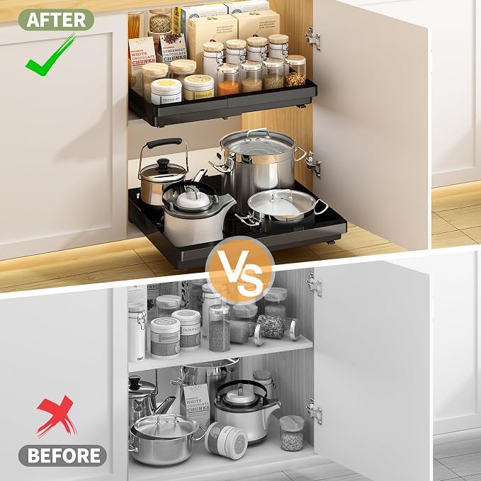 DOMNIU Pull Out Cabinet Organizers Expandable,Black,16.9" Depth,2 Pack | Slide Out Drawers for Kitchen, Bathroom, Pantry, Under Sink Storage, Fixed with Adhesive Nano Film (11.6''-17.5'')