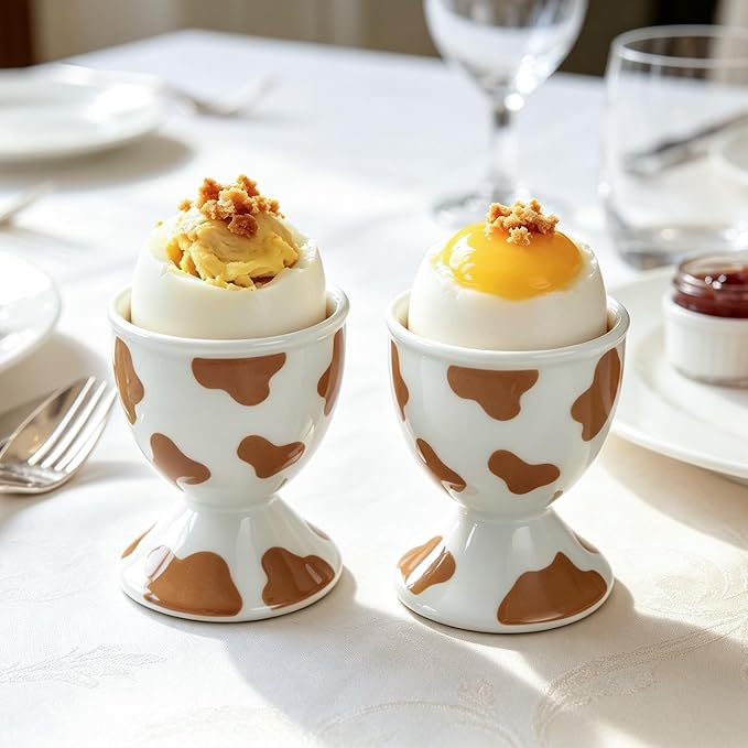 Cinf Ceramic Egg Cups, Set of 2, Mocha Cow Boiled Egg Holders for Breakfast | Set of 2 ceramic egg cups, classic white design, easy to clean, ideal for boiled eggs, breakfast serving and holiday gifting