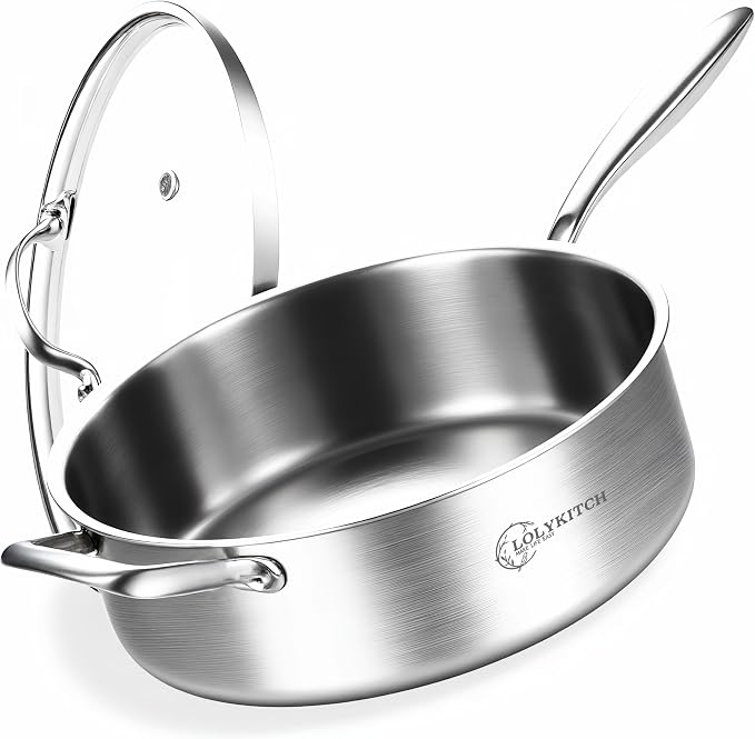LOLYKITCH 7-Quart Saute Pan with Lid | 12-Inch Deep Frying Pan | Tri-Ply Stainless Steel Clad | Large Skillet | Jumbo Cooker | Dishwasher & Oven Safe | Detachable Handle | 6-8 Servings