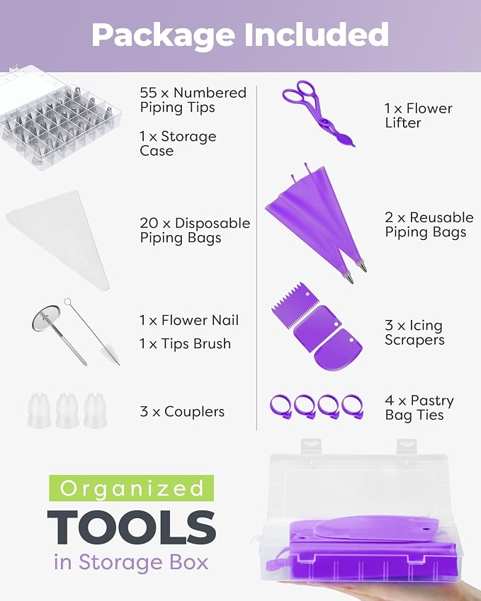 Kootek 90 Piping Bags and Tips Set Frosting Piping Kit for Beginners & Pros | Storage Case, Baking Supplies Kit, 55 Numbered Icing Tips, 20+2 Piping Bags, Pattern Chart, for Cupcake Cookie Cake Decoratin