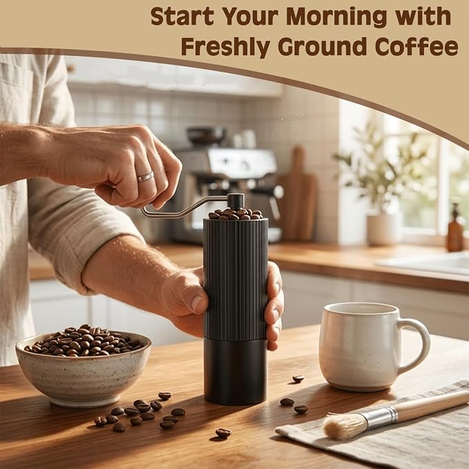 Manual Hand Coffee Grinder with Stainer, Adjustable 40mm Stainless Steel Burr, Portable Hand Crank Coffee Mill, 30g Capacity for Espresso, Turkish & French Press, Aluminium Body with Walnut Handle
