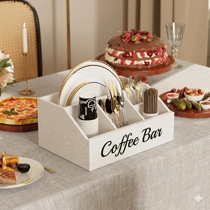 Coffee Station Organizer for Countertop – Wooden Coffee Bar Organizer with Adjustable Dividers,Holds K Cup Pod & syrup bottles, for Kitchen, Office, or Bar and Tea Station, White