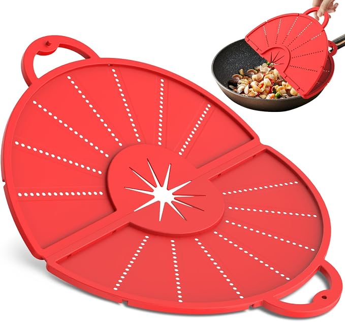Foldable Silicone Splatter Screen for 10-13'' Pans with Handle,Red| Foldable Splash Guard, Multi-Use Grease Splatter Guard/Trivet Mat,Non-Stick Oil Splatter Guard,BPA-Free,Dishwasher Safe