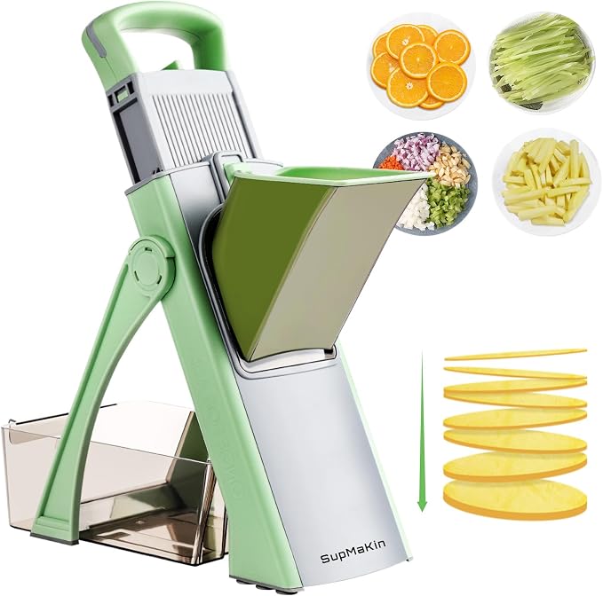 Upgrade Safe Mandoline Slicer for Kitchen, SupMaKin Bigger Entrance Vegetable Food Slice Potato Slicer Chopper, Adjustable Thickness Multi Mandolin, Julienne + Dicer Kitchen Must Haves Green | 0.1-8mm, Cut Resistant Stainless Steel Blades,Potato Fry Cu...