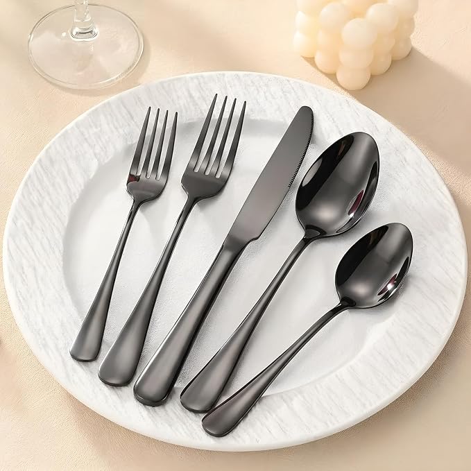SIAKA 10-Piece Black Silverware Set, Stainless Steel Flatware Set Service for 2, Food Grade Cutlery Utensil Set for Home Restaurant, Include Knife Forks Spoons Set, Mirror Polished Dishwasher Safe