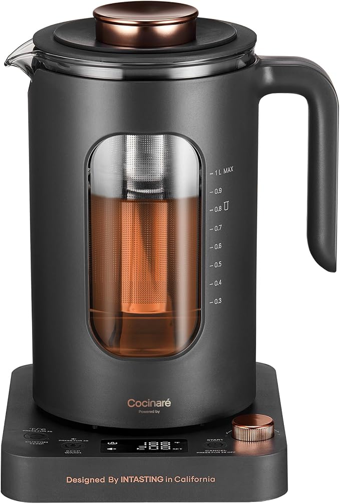 INTASTING Electric Tea Kettle with Infuser, 1℉ Temperature Control, 1 Liter | 1200W Fast Heating, BPA-Free Glass, Easy to Clean, Keep-warm, Auto shut-off, Dark Gray