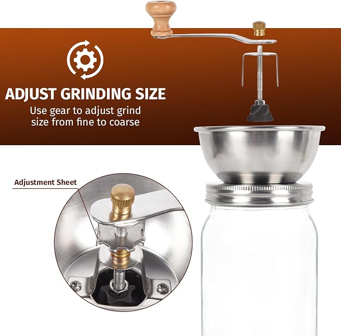 Mason Jar Coffee Grinder, Manual Coffee Grinder Lid Attachment for Wide Mouth Mason Jars, Stainless Steel Mason Jar Lid and Ceramic Burr,Ideal for Camping & Home Barista
